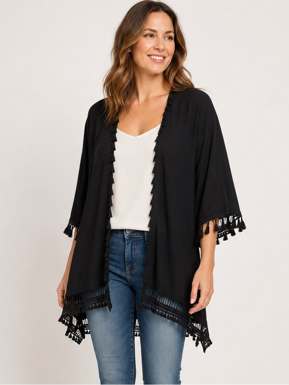 Chico’s Black Tassel Trim Open Front Kimono Cardigan Size 0 Small Boho